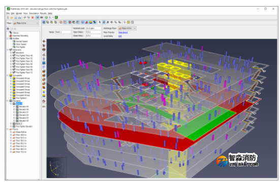 Pathfinder人員疏散能力模擬分析軟件模型,其中避難層由電梯撤 Pathfinder人員疏散能力模擬分析軟件模型,其中避難層由電梯撤